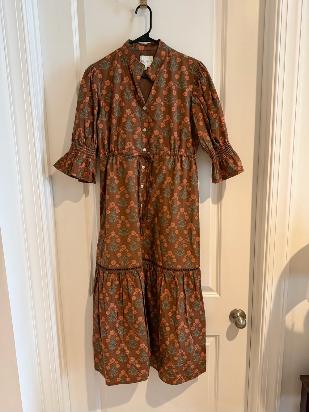 Marigold Brown Floral Tiered Midi Dress with Orange Accents NWOT